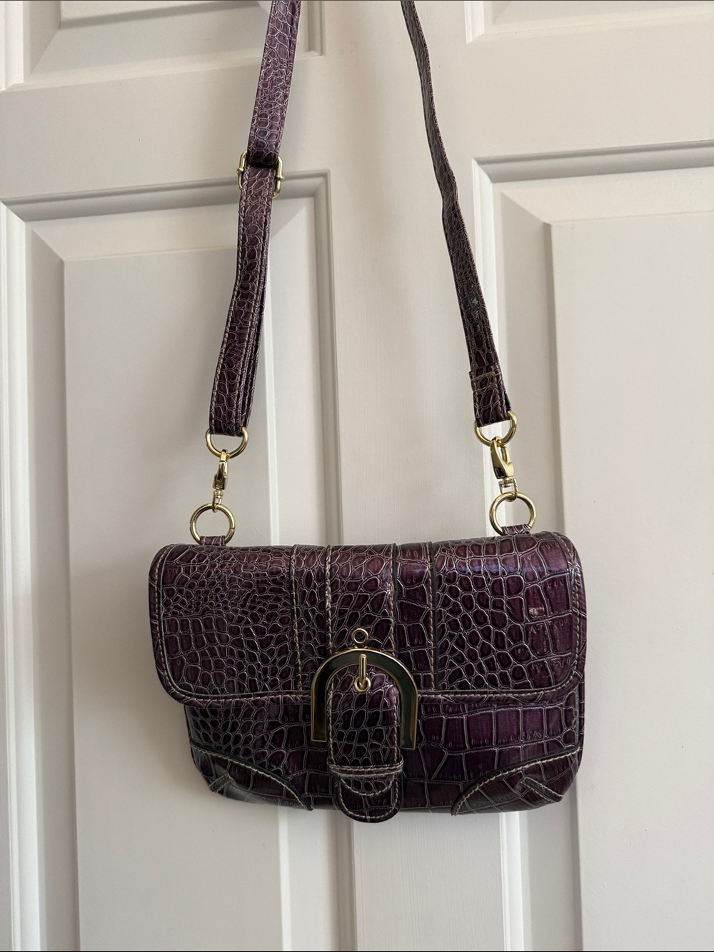 Plum Croc-Embossed Crossbody Bag with Gold Buckle Y2K